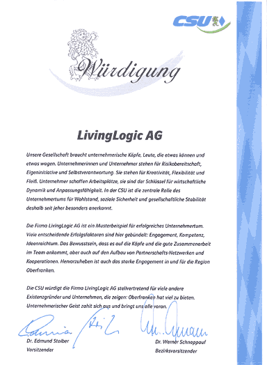 Urkunde - Würdigung LivingLogic AG