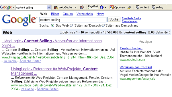 Beispiel für die Suchmaschinen-Optimierung: LivingLogic Seite zum allgemeinen Thema Content Selling auf Platz 1 bei Google zu finden. Beachten Sie auch die Adwords zu den keywords Content buchen / verkauf