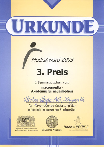 Mit dem 3. Preis des MediaAward 2003 wurde LivingLogic für eine in der IT-Branche eher untypische Art der Unternehmensdarstellung auf der Basis von biologischen Motiven belohnt.