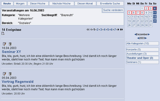 Vorschau auf den Web-baiserten Veranstaltungskalender - Event-Management